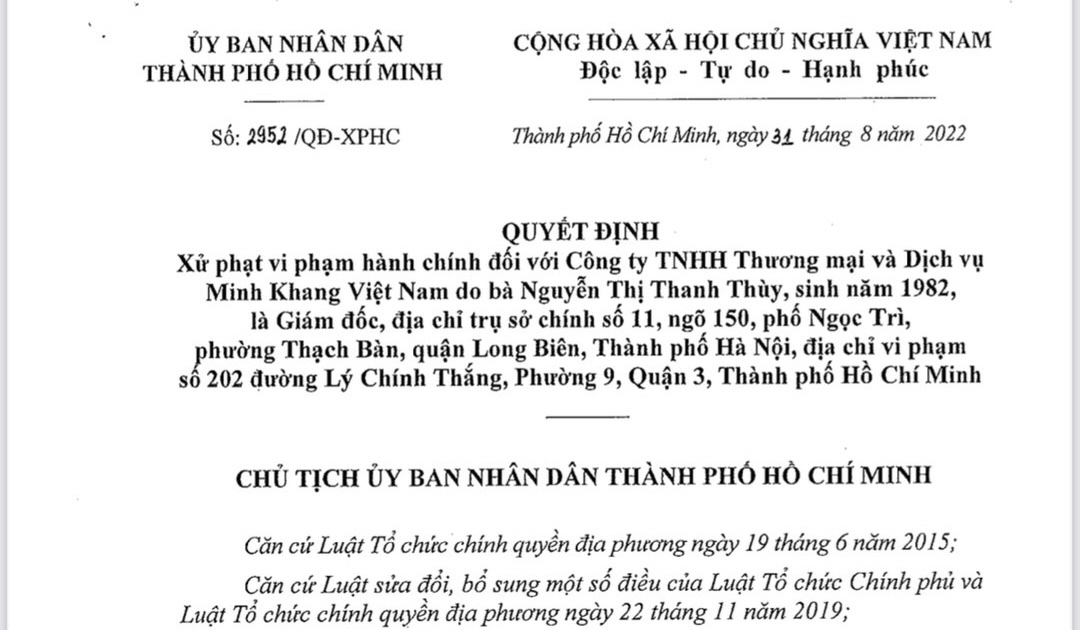 Xử phạt vi phạm hành chính đối với Công ty TNHH Thương mại và Dịch vụ Minh Khang Việt Nam